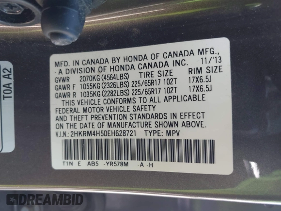 2014 Honda CR-V EX with VIN 2HKRM4H50EH628721, listed as a IAAI auction lot 42064143 with 103,009 mi miles and . Bid and sale history available at carsss.com. Image 9.