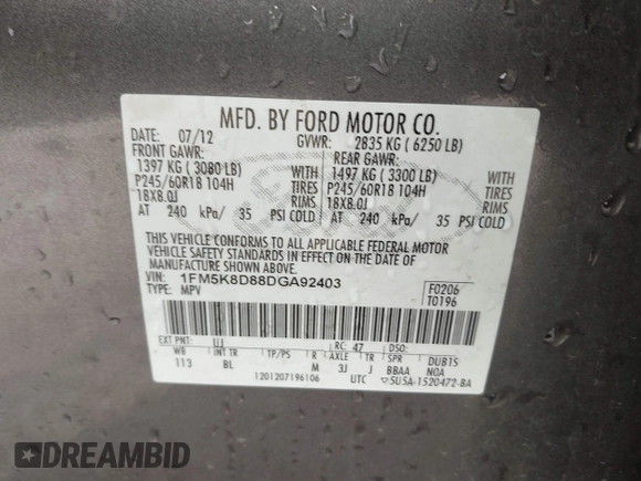 2013 Ford Explorer XLT z VIN 1FM5K8D88DGA92403, wystawiony jako IAAI lot #41946862 z przebiegiem 230 758 mil mil oraz . Historia ofert i sprzedaży dostępna na DreamBid. Obrazek 9.