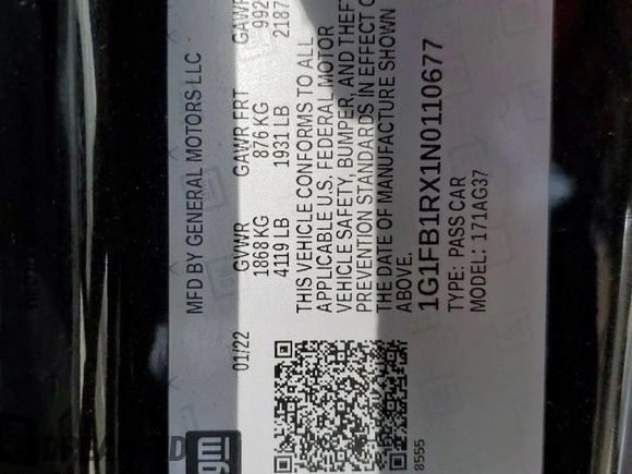 2022 Chevrolet Camaro 1LT z VIN 1G1FB1RX1N0110677, wystawiony jako Copart lot #53284045 z przebiegiem 47 009 mil mil oraz Czysty tytuł • Clean title. Historia ofert i sprzedaży dostępna na DreamBid. Obrazek 12.