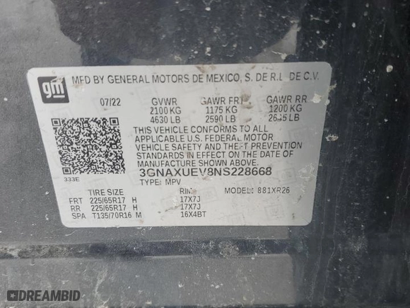 2022 Chevrolet Equinox LT with VIN 3GNAXUEV8NS228668, listed as a Copart auction lot 46578175 with 38,436 mi miles and Salvage Title. Bid and sale history available at carsss.com. Image 15.