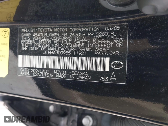 2005 Lexus ES 350 with VIN JTHBA30G955111921, listed as a IAAI auction lot 41430716 with 132,596 mi miles and . Bid and sale history available at DreamBid. Image 9.