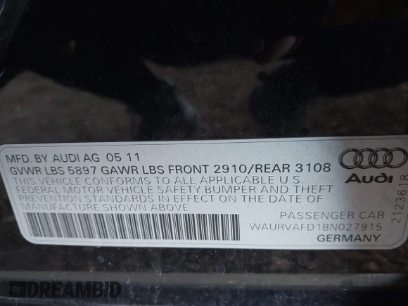 2011 Audi A8 with VIN WAURVAFD1BN027915, listed as a IAAI auction lot 41635275 with 95,143 mi miles and . Bid and sale history available at DreamBid. Image 9.