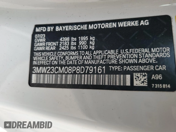 2023 BMW 2 Series 230i with VIN 3MW23CM08P8D79161, listed as a Copart auction lot 61766784 with 24,475 mi miles and Salvage Title. Bid and sale history available at carsss.com. Image 14.