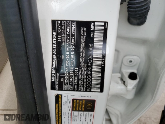 2015 Mercedes-Benz GLK 250 with VIN WDCGG0EB5FG363506, listed as a Copart auction lot 76574344 with Not Provided miles and Salvage Title. Bid and sale history available at DreamBid. Image 14.