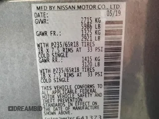 2019 Nissan Pathfinder SL with VIN 5N1DR2MM2KC641373, listed as a Copart auction lot 62088765 with 65,279 mi miles and Salvage title. Bid and sale history available at DreamBid. Image 13.