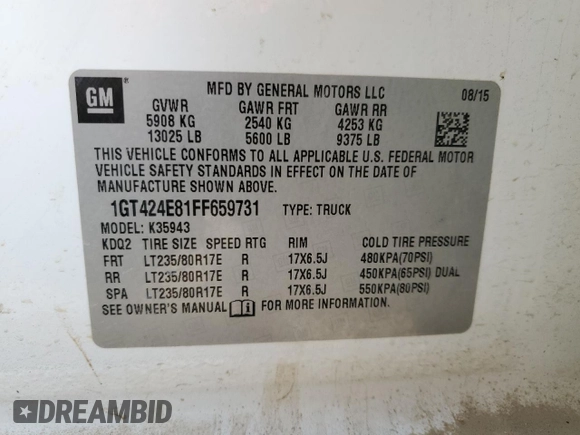 2015 GMC Sierra 3500HD Denali z VIN 1GT424E81FF659731, wystawiony jako Copart lot #83586924 z przebiegiem 182 534 mil mil oraz Szkoda całkowita • Salvage title. Historia ofert i sprzedaży dostępna na DreamBid. Obrazek 14.
