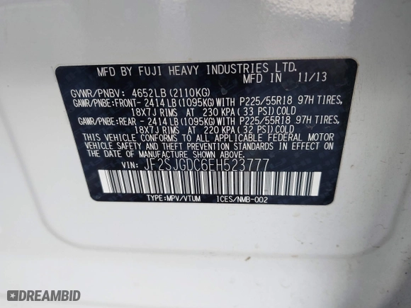 2014 Subaru Forester 2.0XT Premium with VIN JF2SJGDC6EH523777, listed as a IAAI auction lot 41699383 with 81,653 mi miles. Bid and sale history available at carsss.com. Image 9.