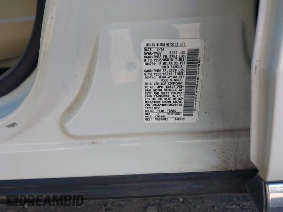 2014 Nissan Murano S with VIN JN8AZ1MW8EW529218, listed as a IAAI auction lot 41397594 with 83,421 mi miles and . Bid and sale history available at DreamBid. Image 9.