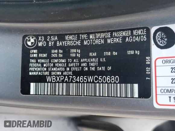 2005 BMW X3 2.5i with VIN WBXPA73465WC50680, listed as a Copart auction lot 81836634 with 0 mi miles and Salvage Title. Bid and sale history available at carsss.com. Image 15.