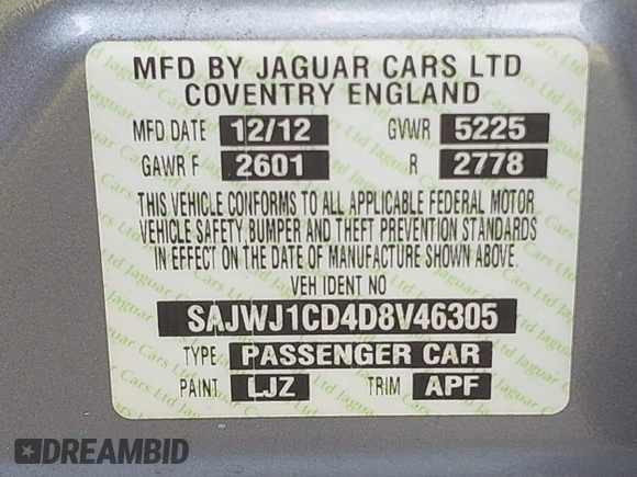 2013 Jaguar XJ with VIN SAJWJ1CD4D8V46305, listed as a IAAI auction lot 42637329 with 101,532 mi miles and . Bid and sale history available at DreamBid. Image 9.