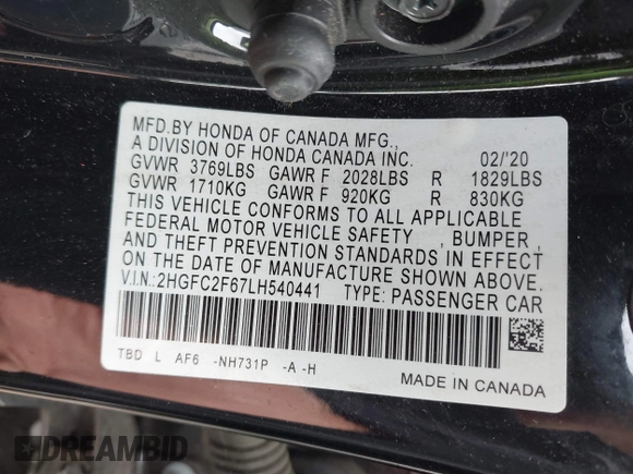 2020 Honda Civic Sedan LX with VIN 2HGFC2F67LH540441, listed as a IAAI auction lot 42026015 with 39,981 mi miles. Bid and sale history available at carsss.com. Image 9.