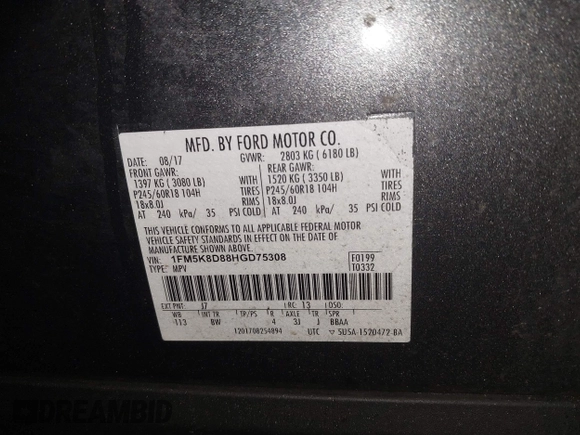 2017 Ford Explorer XLT with VIN 1FM5K8D88HGD75308, listed as a IAAI auction lot 41628295 with 92,327 mi miles and . Bid and sale history available at carsss.com. Image 9.