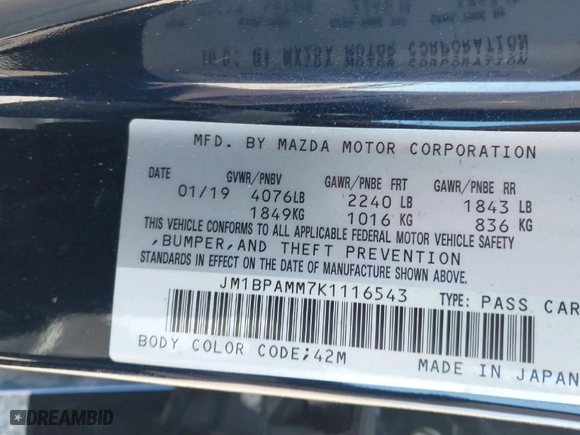 2019 Mazda Mazda3 Hatchback w/Preferred Pkg with VIN JM1BPAMM7K1116543, listed as a IAAI auction lot 41842694 with NaN miles. Bid and sale history available at carsss.com. Image 9.
