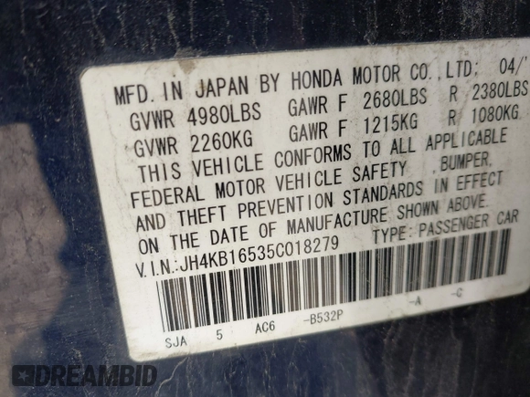 2005 Acura RL with VIN JH4KB16535C018279, listed as a IAAI auction lot 42563577 with 140,738 mi miles and . Bid and sale history available at DreamBid. Image 9.
