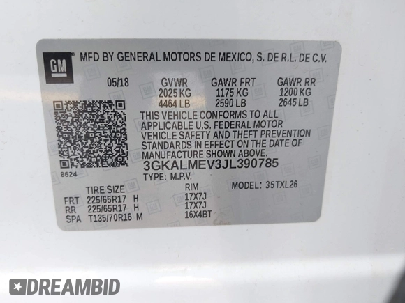 2018 GMC Terrain SLE with VIN 3GKALMEV3JL390785, listed as a IAAI auction lot 41918952 with 80,860 mi miles and . Bid and sale history available at carsss.com. Image 9.