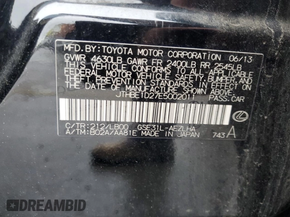 2014 Lexus IS 350 with VIN JTHBE1D27E5002011, listed as a Copart auction lot 55762765 with 105,063 mi miles and Clean title. Bid and sale history available at DreamBid. Image 12.
