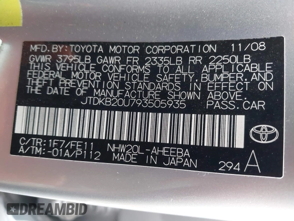 2009 Toyota Prius with VIN JTDKB20U793505935, listed as a IAAI auction lot 41285193 with 52,944 mi miles and . Bid and sale history available at DreamBid. Image 9.
