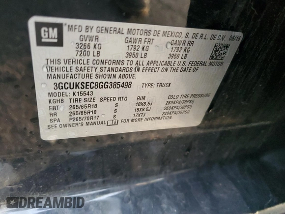 2016 Chevrolet Silverado 1500 LTZ with VIN 3GCUKSEC8GG385498, listed as a Copart auction lot 47580705 with Not Provided miles and Salvage Title. Bid and sale history available at DreamBid. Image 15.