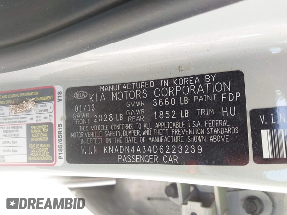 2013 Kia Rio EX with VIN KNADN4A34D6223239, listed as a IAAI auction lot 41683594 with 95,550 mi miles and . Bid and sale history available at DreamBid. Image 9.