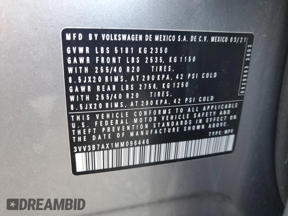 2021 Volkswagen Tiguan SE z VIN 3VV3B7AX1MM096446, wystawiony jako Copart lot #61687855 z przebiegiem 50 798 mil mil oraz Szkoda całkowita • Salvage title. Historia ofert i sprzedaży dostępna na DreamBid. Obrazek 13.