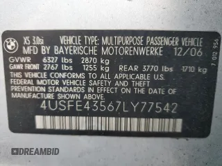 2007 BMW X5 3.0si with VIN 4USFE43567LY77542, listed as a Copart auction lot 48221585 with 166,414 mi miles and Salvage Title. Bid and sale history available at carsss.com. Image 14.