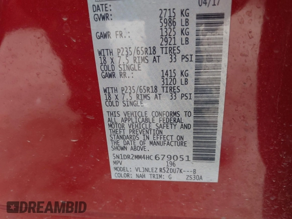 2017 Nissan Pathfinder SV с VIN 5N1DR2MM4HC679051, выставлен на аукционе IAAI как лот 41116768 с пробегом 96 729 миль миль и . История ставок и продаж доступна на DreamBid. Изображение 9.