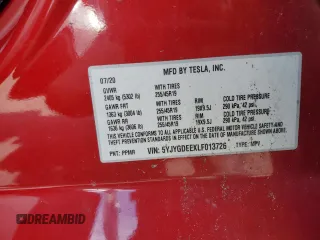 2020 Tesla Model Y Long Range with VIN 5YJYGDEEXLF013726, listed as a Copart auction lot 50289805 with Not Provided miles and Salvage Title. Bid and sale history available at DreamBid. Image 13.