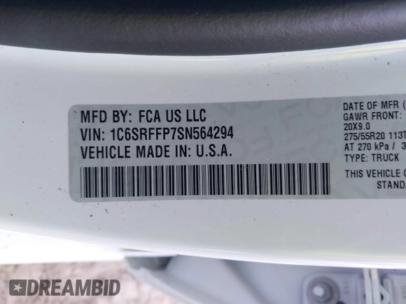2025 Ram 1500 Big Horn with VIN 1C6SRFFP7SN564294, listed as a IAAI auction lot 41875982 with 2,495 mi miles and . Bid and sale history available at DreamBid. Image 9.