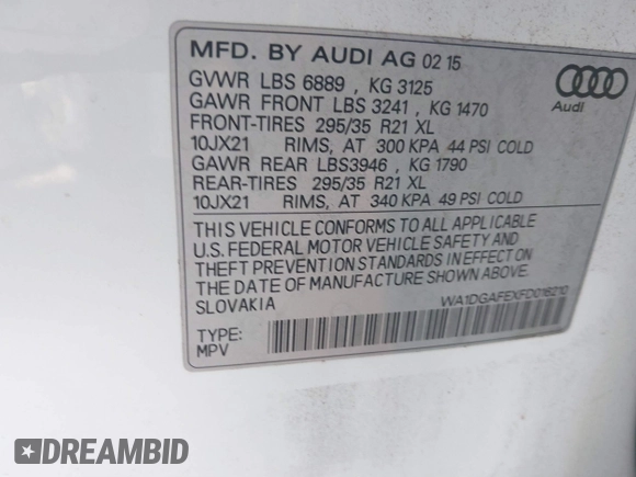 2015 Audi Q7 3.0T S line Prestige with VIN WA1DGAFEXFD016210, listed as a IAAI auction lot 41497668 with 142,709 mi miles. Bid and sale history available at carsss.com. Image 9.