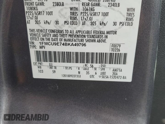 2011 Ford Escape Limited with VIN 1FMCU9E74BKA49796, listed as a Copart auction lot 88806765 with 117,537 mi miles and Clean Title. Bid and sale history available at DreamBid. Image 13.