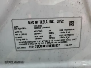 2022 Tesla Model X with VIN 7SAXCAE59NF358337, listed as a Copart auction lot 48262775 with Not Provided miles and Salvage Title. Bid and sale history available at DreamBid. Image 13.