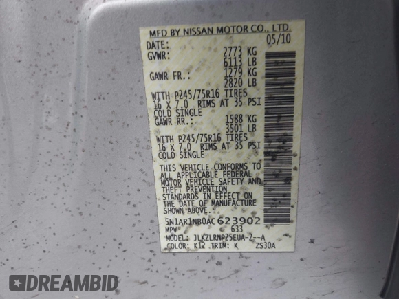 2010 Nissan Pathfinder S with VIN 5N1AR1NB0AC623902, listed as a IAAI auction lot 41609905 with 192,321 mi miles and . Bid and sale history available at DreamBid. Image 9.