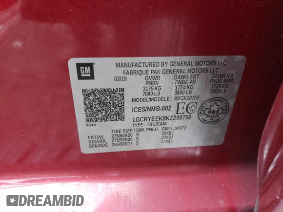 2019 Chevrolet Silverado 1500 RST with VIN 1GCRYEEK8KZ299758, listed as a Copart auction lot 50456085 with 61,593 mi miles and Clean Title. Bid and sale history available at DreamBid. Image 12.