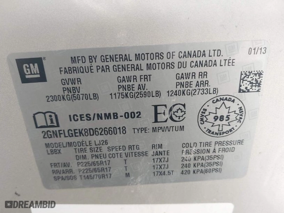 2013 Chevrolet Equinox LTZ with VIN 2GNFLGEK8D6266018, listed as a IAAI auction lot 41816049 with 214,124 mi miles. Bid and sale history available at carsss.com. Image 9.