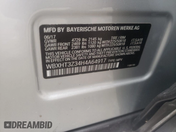 2017 BMW X1 xDrive28i with VIN WBXHT3Z34H4A64917, listed as a Copart auction lot 64486852 with 42,802 mi miles. Bid and sale history available at carsss.com. Image 10.