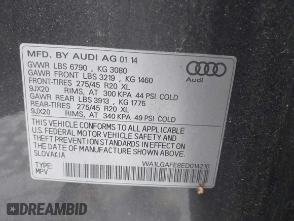 2014 Audi Q7 Premium Plus with VIN WA1LGAFE8ED014210, listed as a IAAI auction lot 42176663 with 101,557 mi miles and . Bid and sale history available at DreamBid. Image 9.