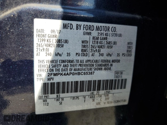 2017 Ford Edge Sport with VIN 2FMPK4AP0HBC65387, listed as a Copart auction lot 52206995 with 59,045 mi miles and Salvage Title. Bid and sale history available at carsss.com. Image 12.