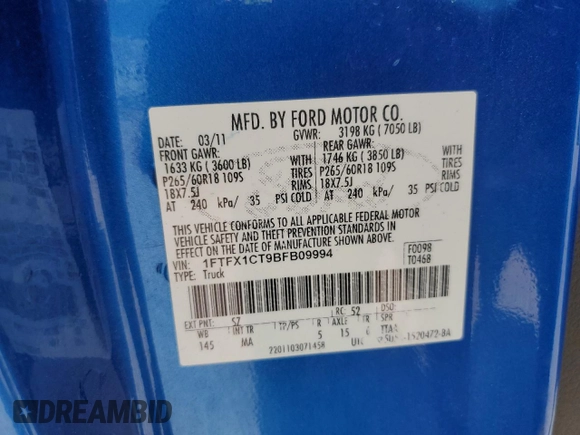 2011 Ford F-150 XL with VIN 1FTFX1CT9BFB09994, listed as a Copart auction lot 70892324 with 159,566 mi miles and Salvage Title. Bid and sale history available at carsss.com. Image 12.