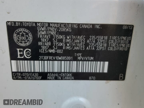 2013 Toyota RAV4 Limited with VIN 2T3DFREV1DW085991, listed as a Copart auction lot 61364435 with 259,480 mi miles and Salvage title. Bid and sale history available at DreamBid. Image 14.