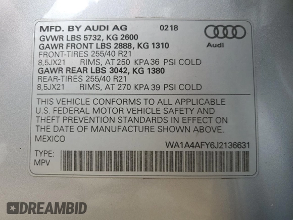 2018 Audi SQ5 Premium Plus with VIN WA1A4AFY6J2136631, listed as a Copart auction lot 46690244 with 57,001 mi miles and . Bid and sale history available at DreamBid. Image 13.