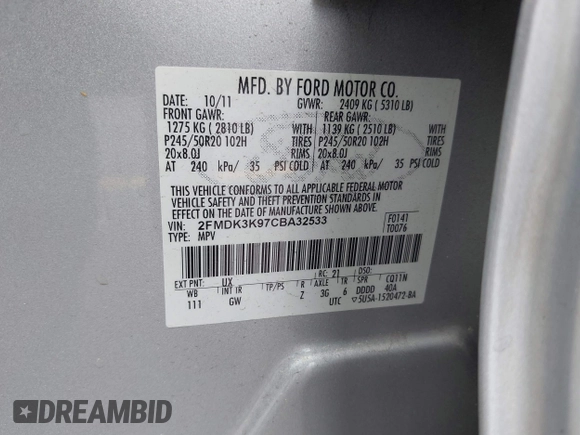 2012 Ford Edge Limited with VIN 2FMDK3K97CBA32533, listed as a IAAI auction lot 42115541 with 183,649 mi miles. Bid and sale history available at carsss.com. Image 9.