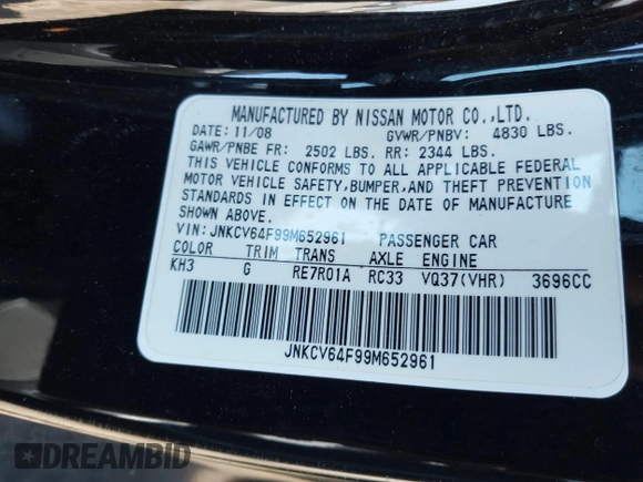 2009 Infiniti G37 x with VIN JNKCV64F99M652961, listed as a IAAI auction lot 41924133 with 110,346 mi miles and . Bid and sale history available at DreamBid. Image 9.