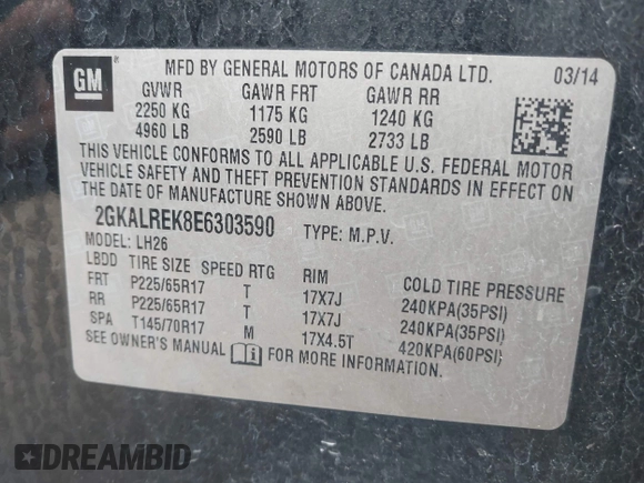 2014 GMC Terrain SLE с VIN 2GKALREK8E6303590, выставлен на аукционе IAAI как лот 42436122 с пробегом 170 119 миль миль и . История ставок и продаж доступна на DreamBid. Изображение 9.