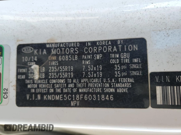 2015 Kia Sedona SX-L with VIN KNDME5C18F6031846, listed as a Copart auction lot 86215714 with 153,150 mi miles and Clean Title. Bid and sale history available at DreamBid. Image 13.