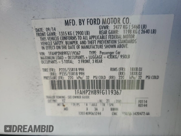2015 Ford Taurus SEL с VIN 1FAHP2H89FG119367, выставлен на аукционе Copart как лот 55951115 с пробегом 231 119 миль миль и Чистый • Clean title. История ставок и продаж доступна на DreamBid. Изображение 12.