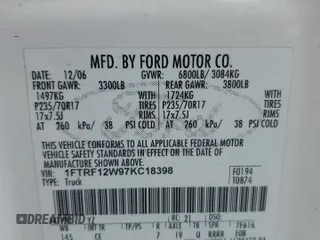 2007 Ford F-150 XL with VIN 1FTRF12W97KC18398, listed as a Copart auction lot 54759555 with 320,783 mi miles and Salvage title. Bid and sale history available at DreamBid. Image 12.