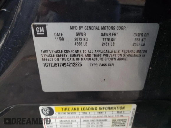 2009 Chevrolet Malibu 2LT with VIN 1G1ZJ577494212225, listed as a Copart auction lot 77171574 with 222,188 mi miles and Clean Title. Bid and sale history available at DreamBid. Image 12.