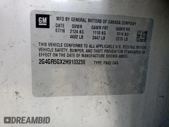2017 Buick Regal Premium II with VIN 2G4GR5GX2H9103230, listed as a Copart auction lot 58803025 with 104,643 mi miles and Salvage title. Bid and sale history available at DreamBid. Image 13.