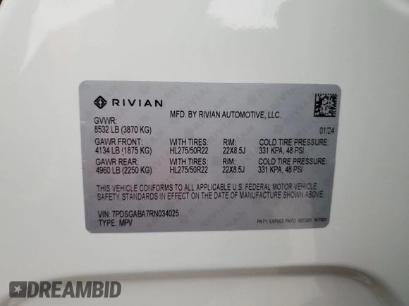 2024 Rivian R1S Adventure z VIN 7PDSGABA7RN034025, wystawiony jako Copart lot #55949335 z przebiegiem 14 429 mil mil oraz Szkody całkowita. Historia ofert i sprzedaży dostępna na DreamBid. Obrazek 13.
