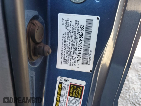 2007 Honda Civic Cpe LX with VIN 2HGFG12657H563632, listed as a Copart auction lot 73558664 with 166,144 mi miles and Salvage Title. Bid and sale history available at carsss.com. Image 14.